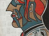 un tableau représentant un homme avec un chapeau rouge et le visage bleu