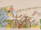 a drawing of a woman with a parasol and a bicycle