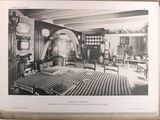 a black and white photo of a living room with a checkered floor