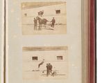 two black and white photographs of a horse pulling a cart