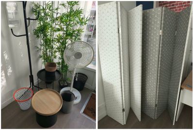 two pictures of a room divider with a fan and a table