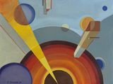 painting of a painting of a sun, planets, and other objects