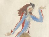 tableau représentant un homme vêtu d'une veste et d'un chapeau bleus et rouges, les bras écartés