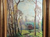a painting of a landscape with trees and a house in the distance