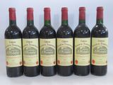 six bottles of red wine lined up in a row