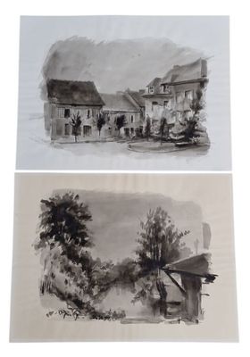 Georges MIRIANON (1910-1986), "Village", deux lavis d'encre,…