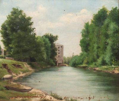 tableau représentant une rivière, avec une tour au loin et un bateau au premier plan