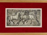 painting of three horses running in the rain with a red frame