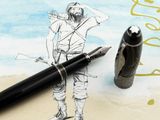 a drawing of a man standing next to a fountain pen