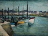 a painting of boats in a harbor with buildings in the background