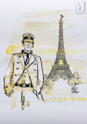tableau représentant un homme en uniforme militaire debout devant la tour Eiffel