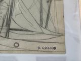 a drawing of a sailboat on display in a glass case