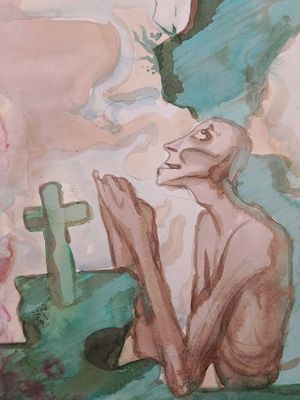 a painting of a man praying in front of a cross