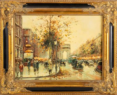 an oil painting of a city street scene with people and cars