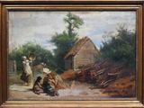 une peinture à l'huile représentant deux personnes près d'un bâtiment