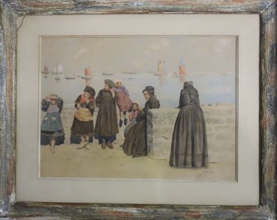 peinture d'un groupe de personnes se tenant sur une plage près d'une étendue d'eau