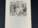 un vieux dessin en noir et blanc représentant un homme et un chien sur une plage