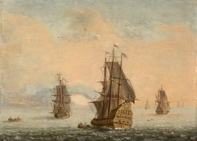peinture représentant un groupe de bateaux côtoyant les uns les autres sur un plan d'eau