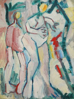 un tableau représentant deux personnes debout l'une à côté de l'autre devant un arbre
