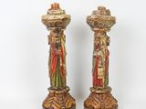 pair of antique painted wooden candlesticks with figures of jesus and mary