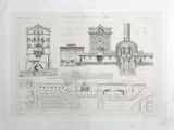 an old drawing of a building with a clock tower and a clock tower on top of it