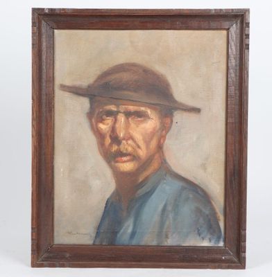 a painting of a man wearing a hat and a blue shirt