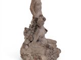 an image of a statue of a man with a dog on a rock