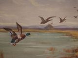 a painting of a duck flying over a body of water