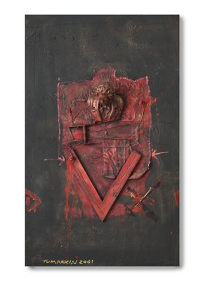 une peinture représentant le visage d'un homme sur un fond rouge et noir