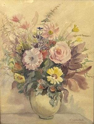 a painting of flowers in a vase on a table