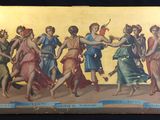 an old painting of a group of women dancing in front of a black background