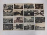 several old black and white photographs of buildings and people in a town