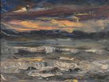 une peinture à l'huile représentant un coucher de soleil sur une étendue d'eau