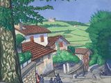 a painting of a village with people walking down the street