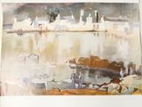 a watercolor painting of a man and a woman on a boat