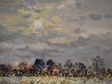 an oil painting of a field with a full moon in the sky