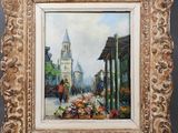 une peinture à l'huile représentant une scène de rue avec une église à l'arrière-plan