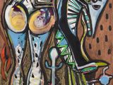 peinture abstraite représentant une femme avec un oiseau sur la tête