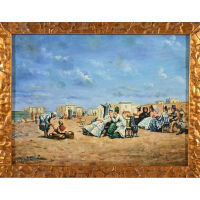 an oil painting of a group of people sitting on a beach