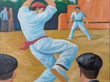 tableau représentant un homme en train de frapper une balle avec une batte lors d'un match de baseball