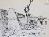 dessin représentant un arbre devant un mur de pierre, avec un bâtiment en arrière-plan