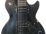 an electric guitar sitting on top of a stand on a white surface