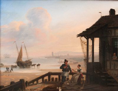 a painting of people on the beach by the water