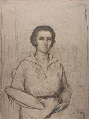 dessin représentant une femme assise sur une chaise, un couteau à la main