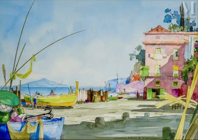 un tableau représentant une scène de plage avec des bateaux et des bâtiments