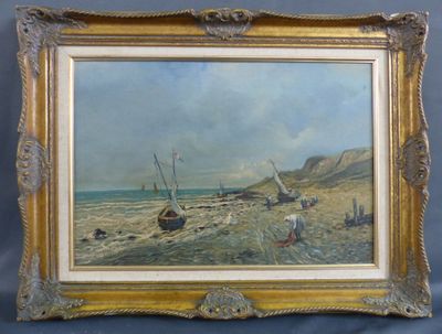 une peinture à l'huile d'une scène de plage avec des bateaux dans l'eau