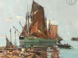 painting of a painting of a boat in the water near a dock