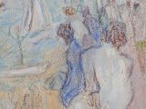 pastel drawing of people on a beach with boats in the background