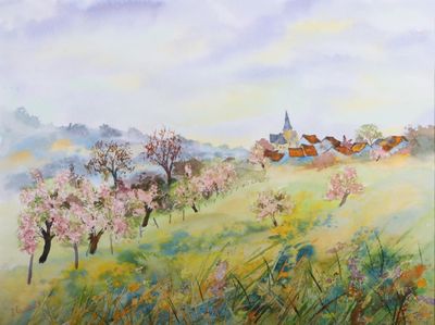 a painting of a field with trees and a church in the background