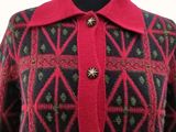 a picture of a woman ' s sweater with a red collar and a black and green pattern